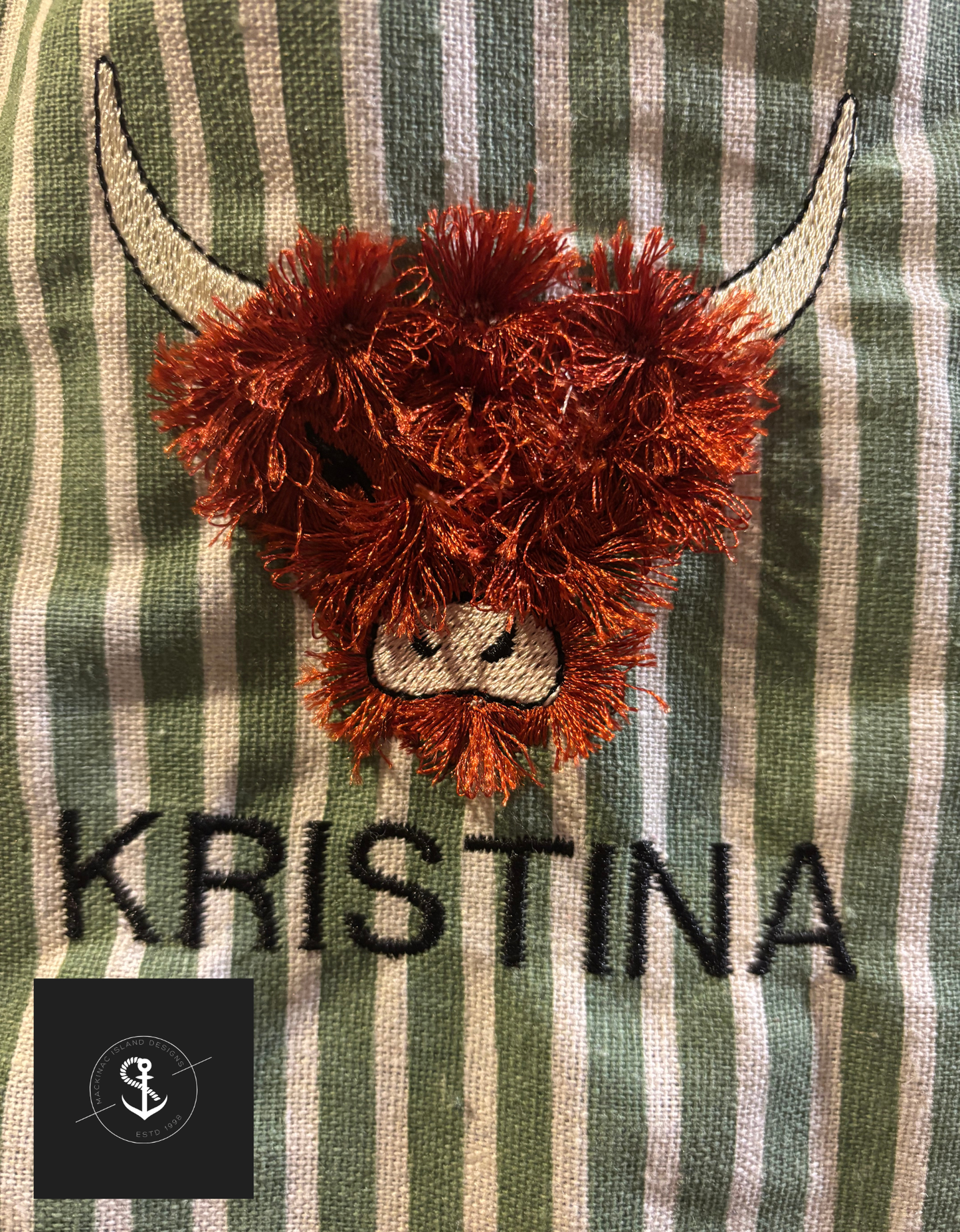 Personalized Embroidered Highland Cow Stripe Linen Apron