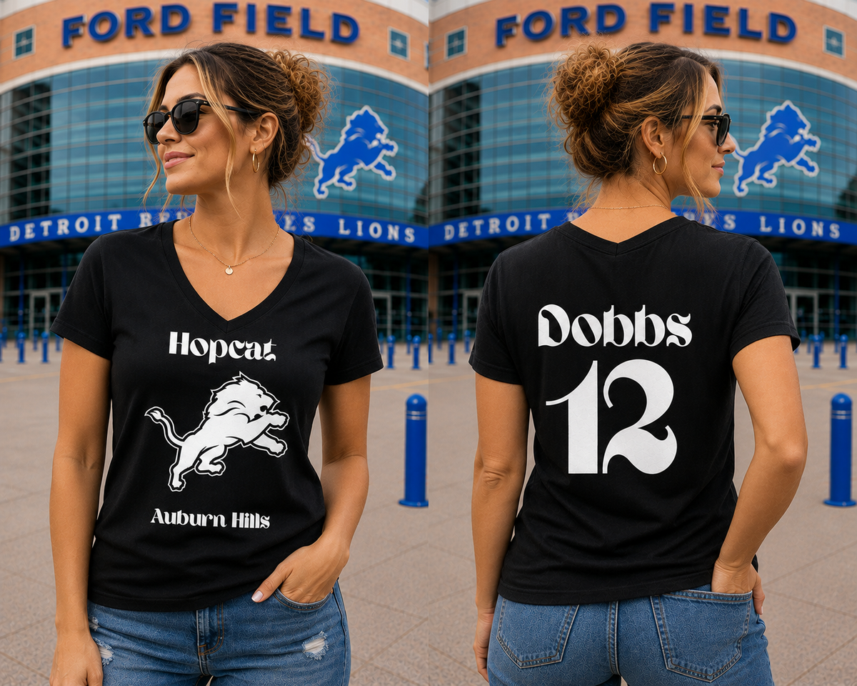 Custom HopCat Detroit Game Day T-Shirt V Neck Women's Style Sizes S-3XL