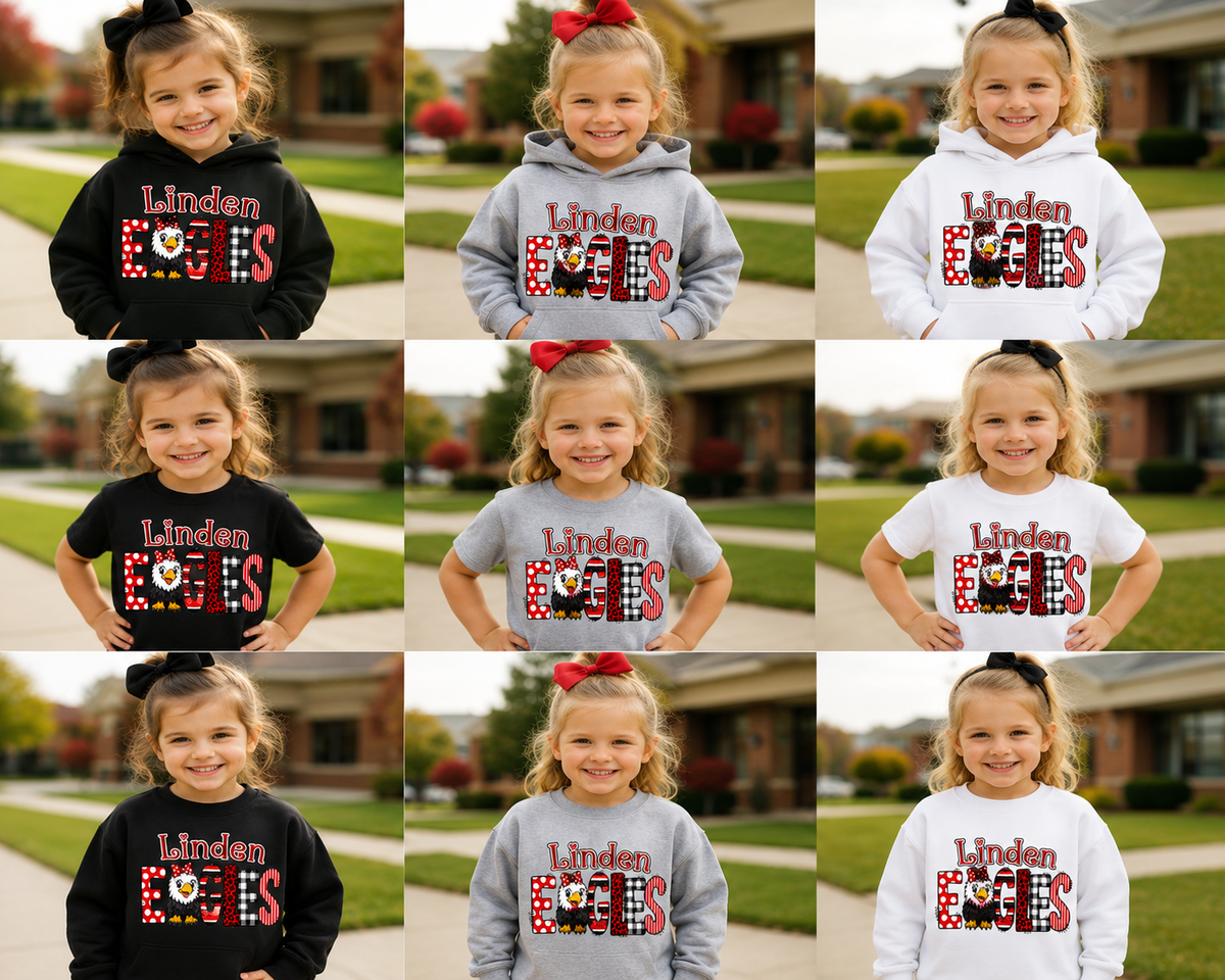 Linden Eagles Youth Shirt | Kids School Spirit Wear | Eagles T-Shirt Crewneck Hoodie | Red Black White Linden Apparel Sizes XS-XL
