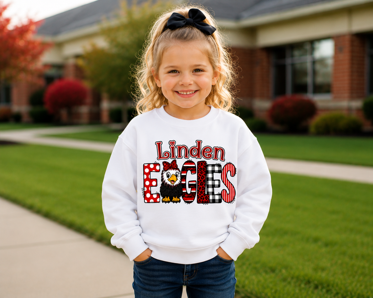 Linden Eagles Youth Shirt | Kids School Spirit Wear | Eagles T-Shirt Crewneck Hoodie | Red Black White Linden Apparel Sizes XS-XL