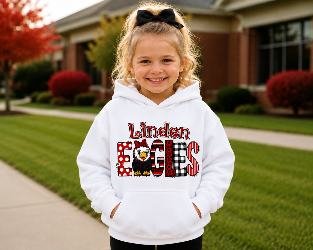 Linden Eagles Youth Shirt | Kids School Spirit Wear | Eagles T-Shirt Crewneck Hoodie | Red Black White Linden Apparel Sizes XS-XL