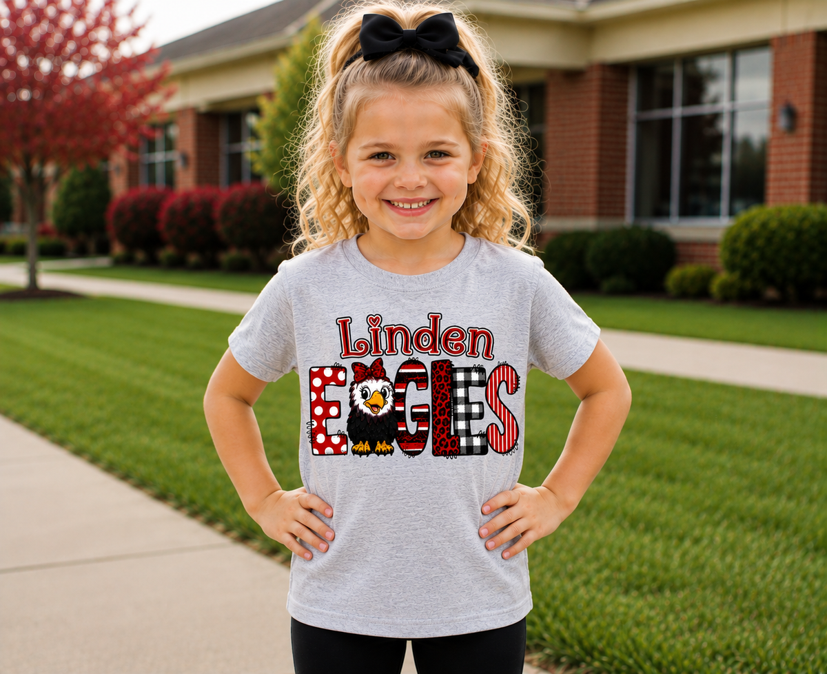 Linden Eagles Youth Shirt | Kids School Spirit Wear | Eagles T-Shirt Crewneck Hoodie | Red Black White Linden Apparel Sizes XS-XL