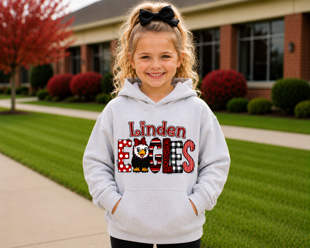 Linden Eagles Youth Shirt | Kids School Spirit Wear | Eagles T-Shirt Crewneck Hoodie | Red Black White Linden Apparel Sizes XS-XL