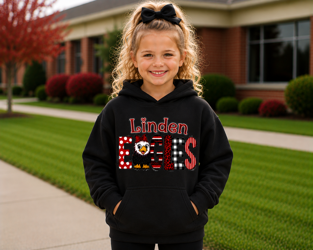 Linden Eagles Youth Shirt | Kids School Spirit Wear | Eagles T-Shirt Crewneck Hoodie | Red Black White Linden Apparel Sizes XS-XL
