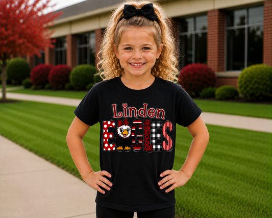 Linden Eagles Youth Shirt | Kids School Spirit Wear | Eagles T-Shirt Crewneck Hoodie | Red Black White Linden Apparel Sizes XS-XL