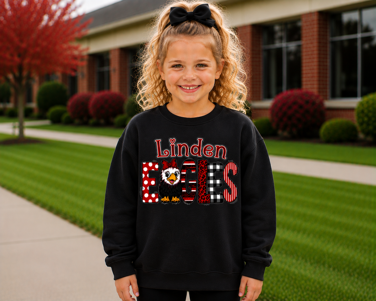 Linden Eagles Youth Shirt | Kids School Spirit Wear | Eagles T-Shirt Crewneck Hoodie | Red Black White Linden Apparel Sizes XS-XL