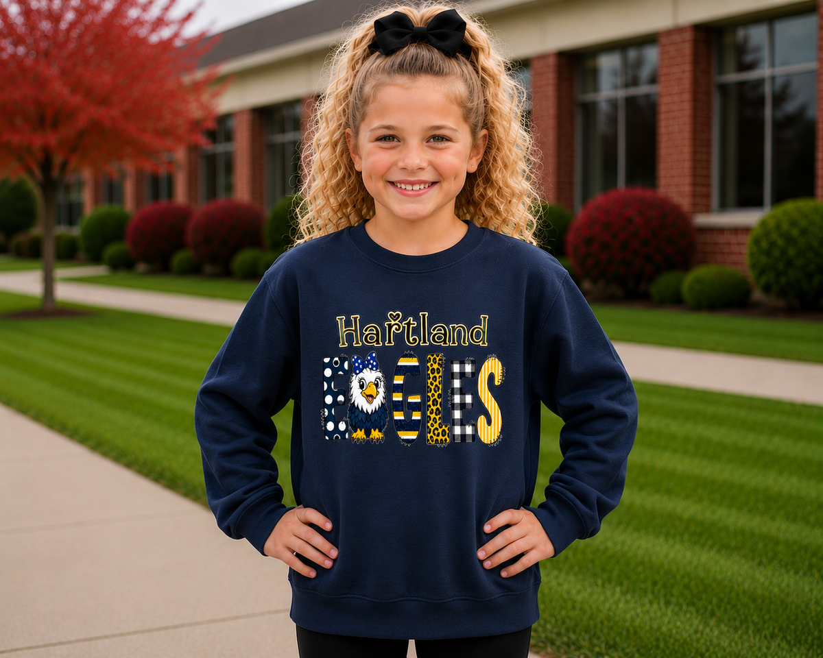 Hartland Eagles Youth Shirt | Kids School Spirit Wear | Eagles T-Shirt Crewneck Hoodie | Red Black White Linden Apparel Sizes XS-XL