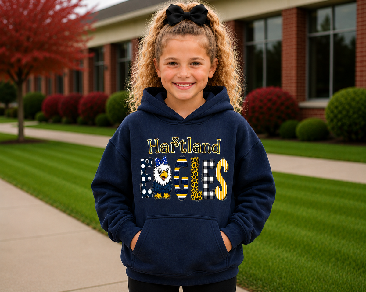 Hartland Eagles Youth Shirt | Kids School Spirit Wear | Eagles T-Shirt Crewneck Hoodie | Red Black White Linden Apparel Sizes XS-XL