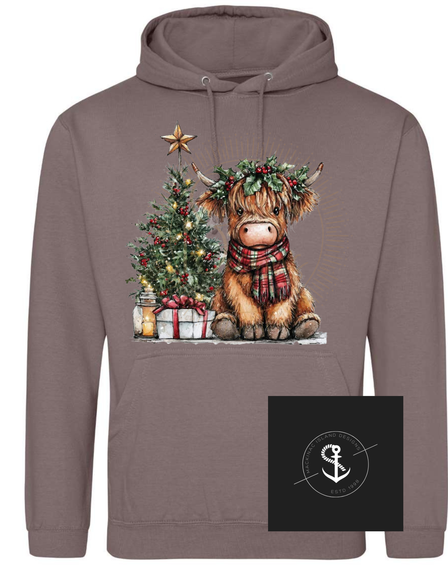 Christmas Tree Highland Cow Hoodie Sweatshirt Adult Sizes XS-3XL