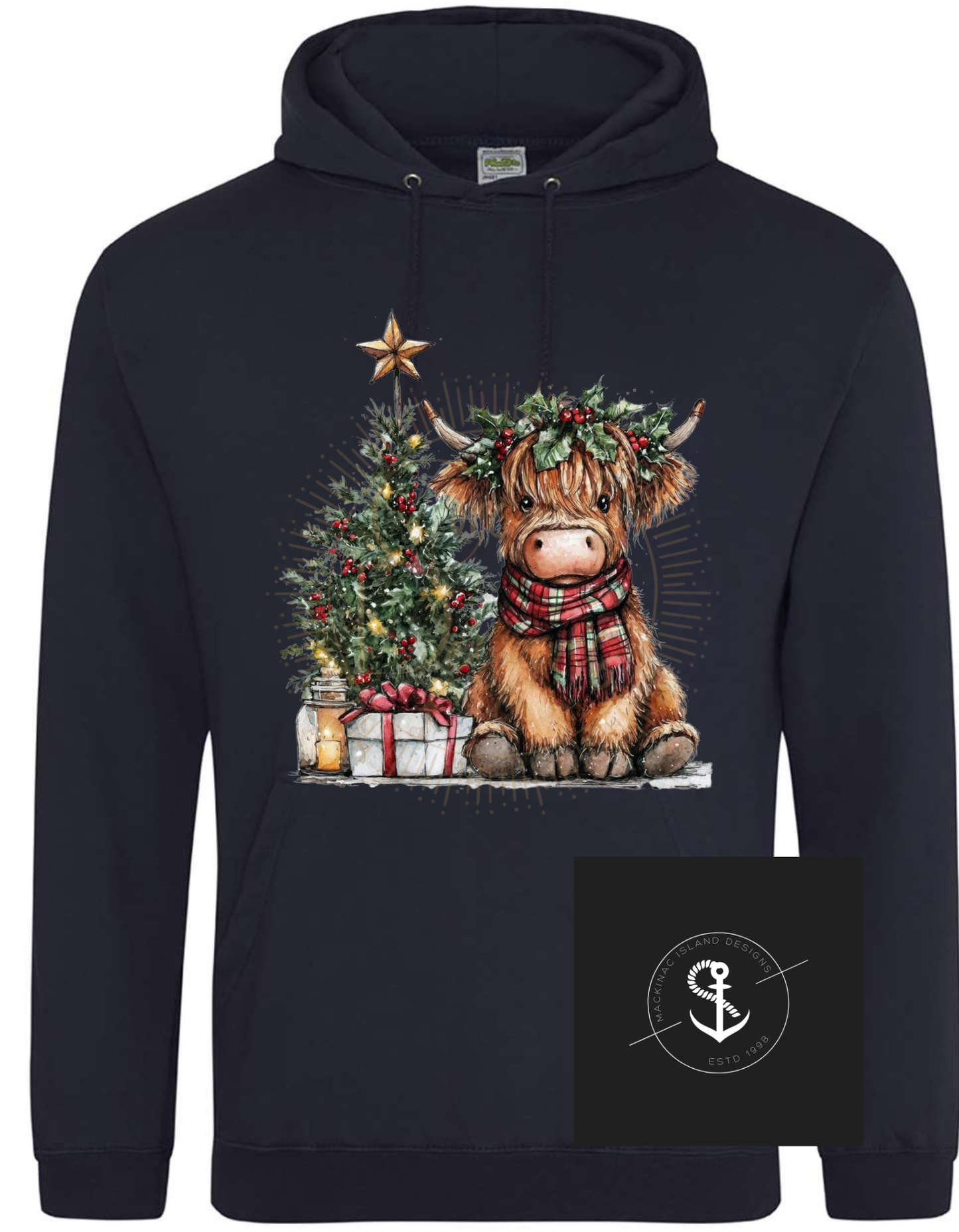 Christmas Tree Highland Cow Hoodie Sweatshirt Adult Sizes XS-3XL