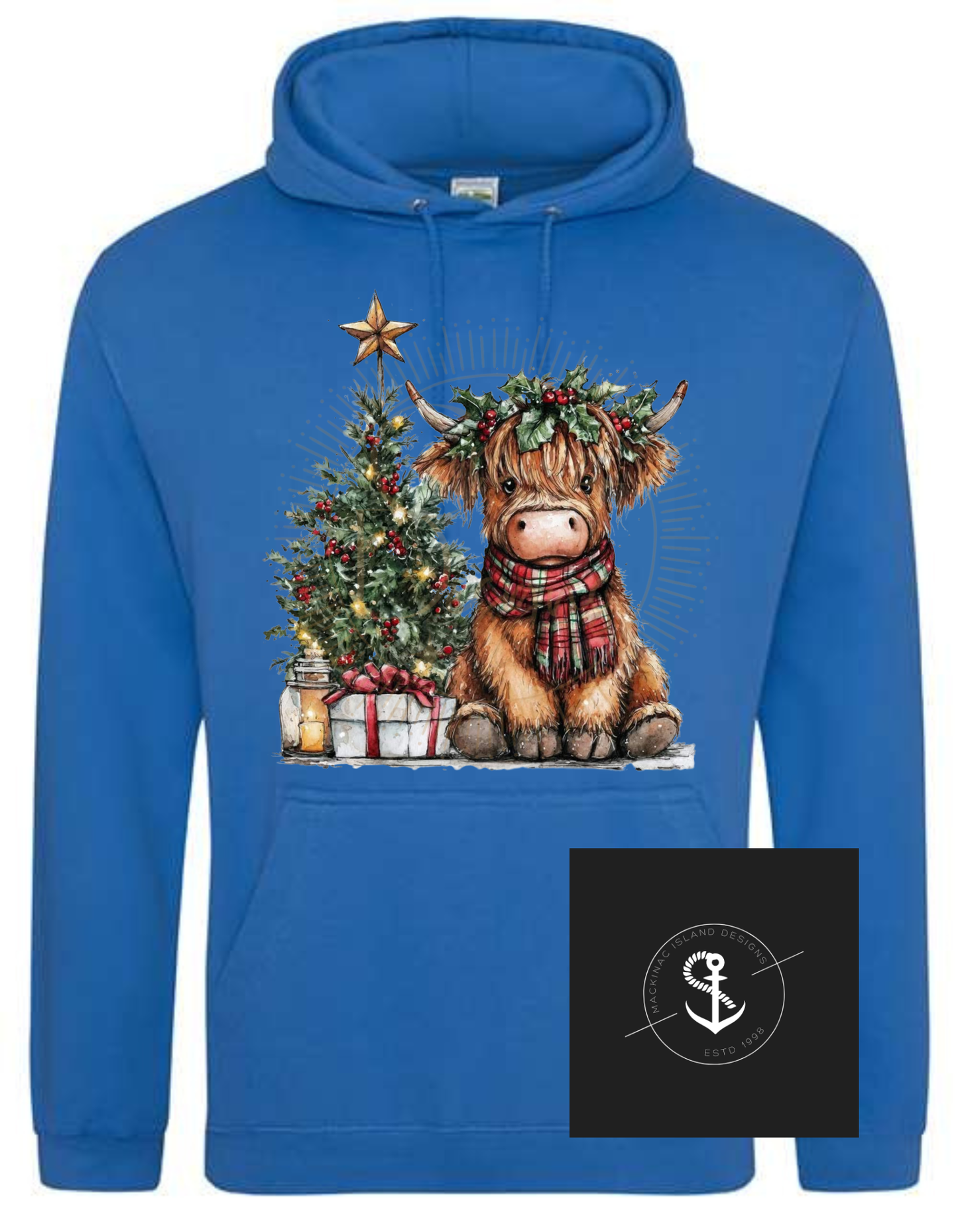 Christmas Tree Highland Cow Hoodie Sweatshirt Adult Sizes XS-3XL