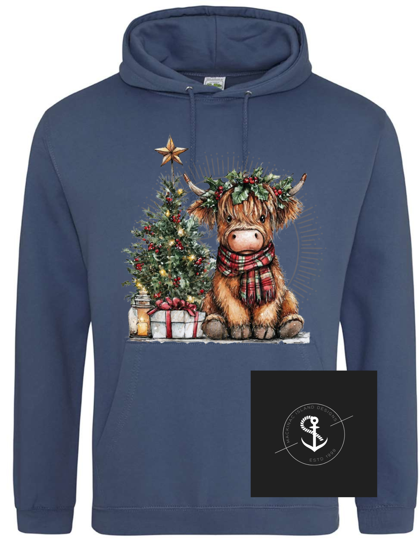 Christmas Tree Highland Cow Hoodie Sweatshirt Adult Sizes XS-3XL