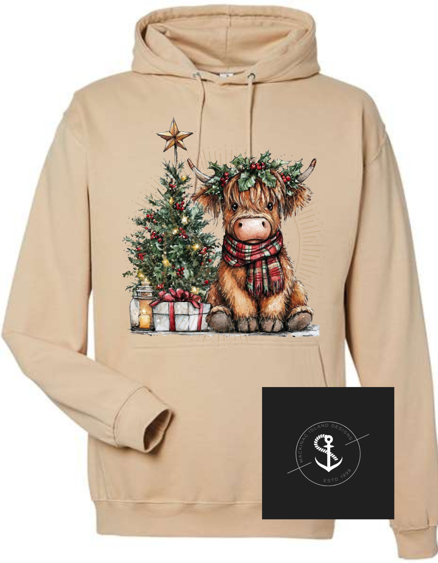 Christmas Tree Highland Cow Hoodie Sweatshirt Adult Sizes XS-3XL