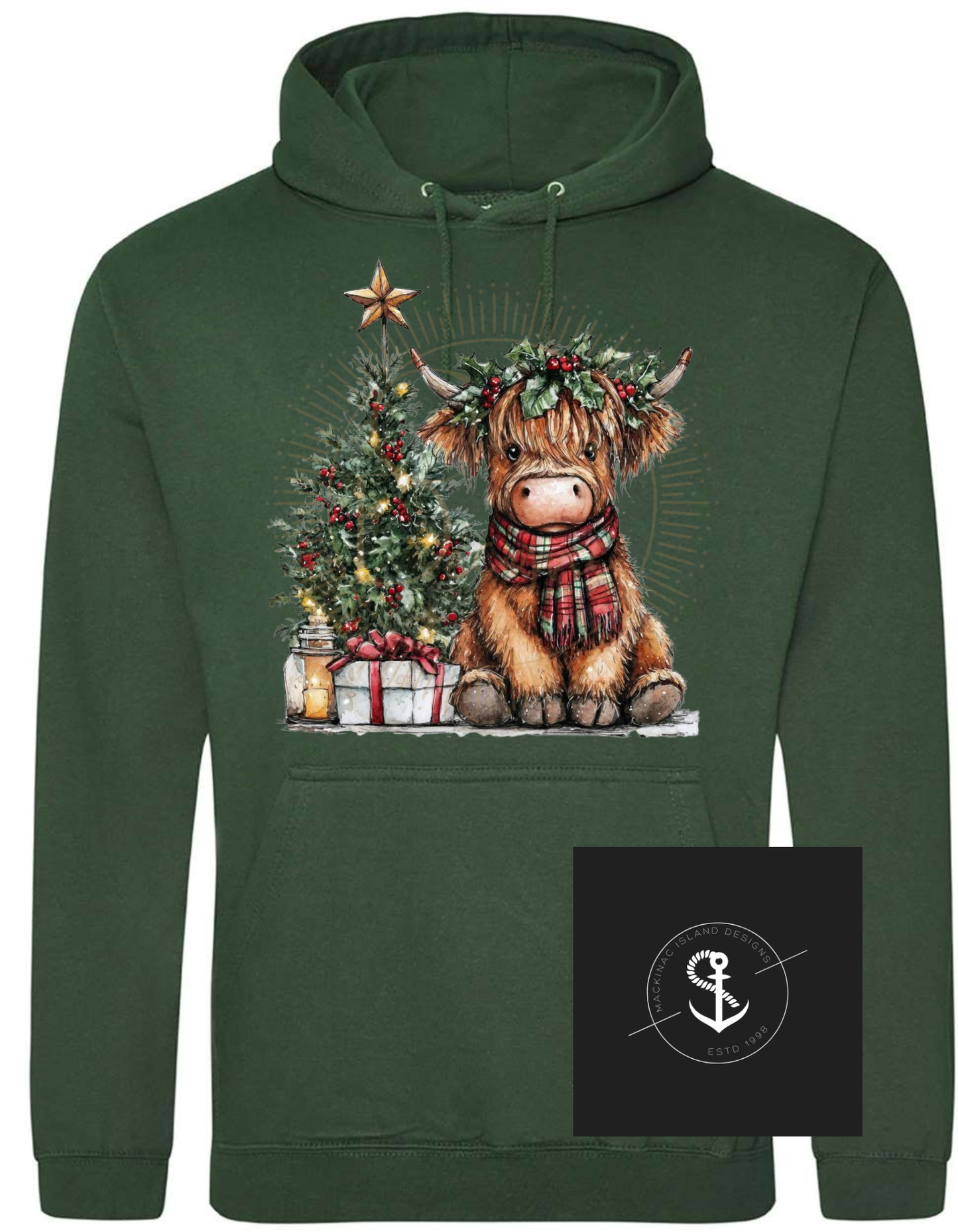 Christmas Tree Highland Cow Hoodie Sweatshirt Adult Sizes XS-3XL