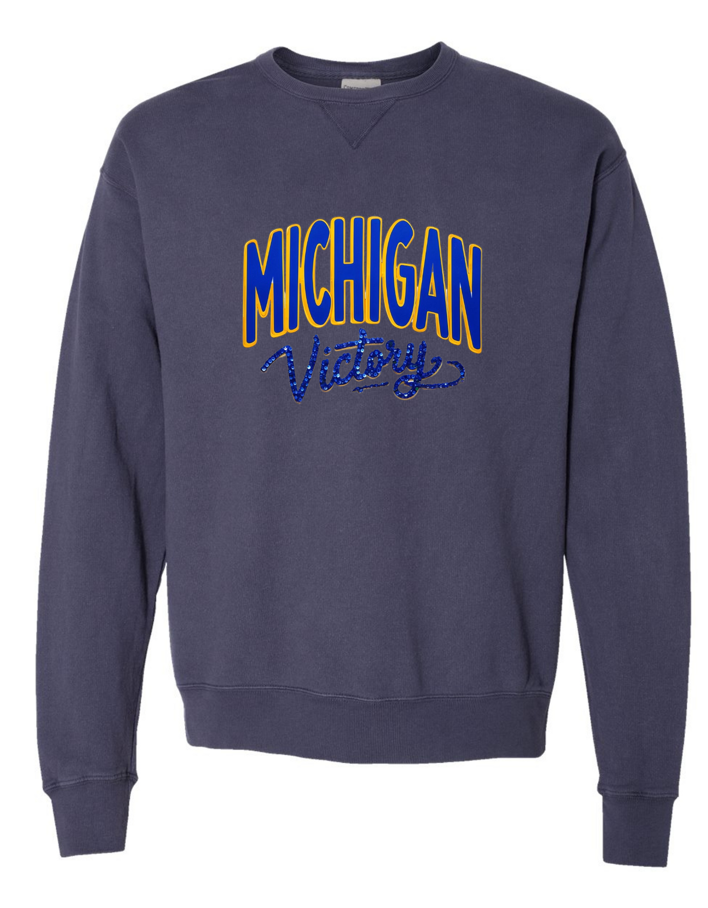 Michigan Victory Faux Glitter Cozy Crewneck Sweatshirt by Comfort Wash Sizes S-5XL Unisex Fit