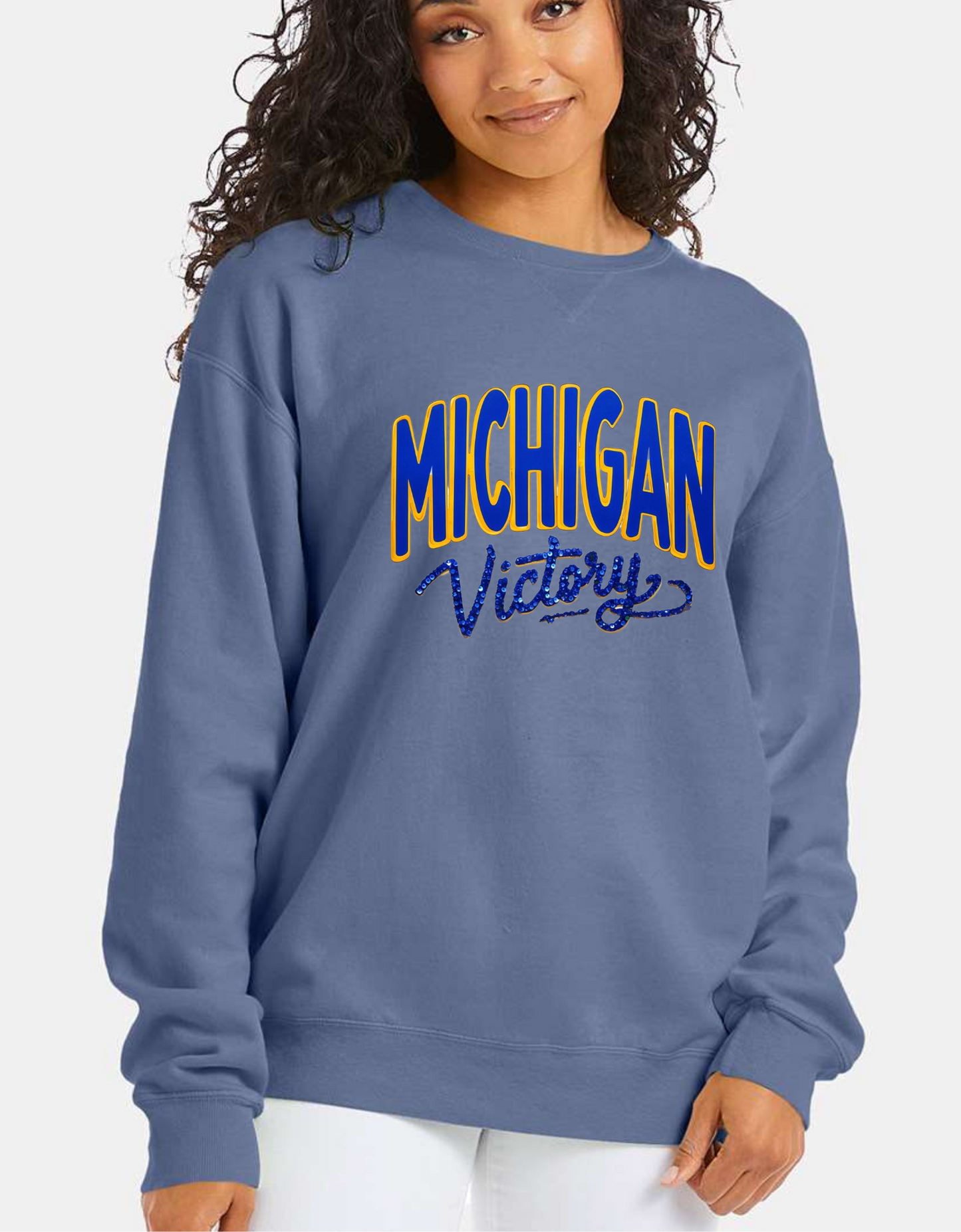 Michigan Victory Faux Glitter Cozy Crewneck Sweatshirt by Comfort Wash Sizes S-5XL Unisex Fit
