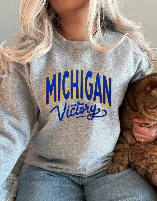 Michigan Victory Faux Glitter Cozy Crewneck Sweatshirt by Comfort Wash Sizes S-5XL Unisex Fit