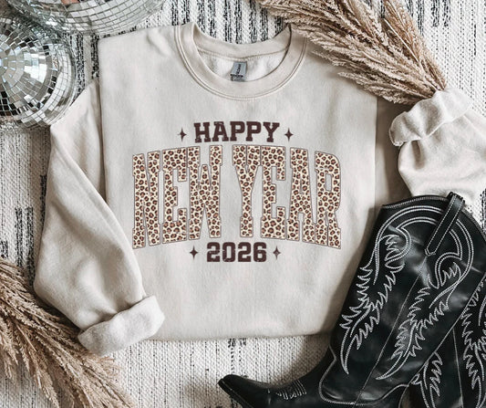 Happy New Year 2026 Brown Leopard Crewneck Sweatshirt Sizes S-3XL