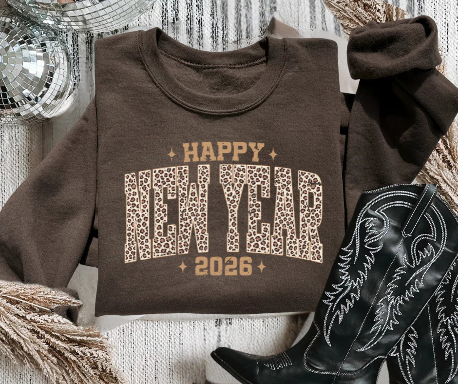 Happy New Year 2026 Brown Leopard Crewneck Sweatshirt Sizes S-3XL