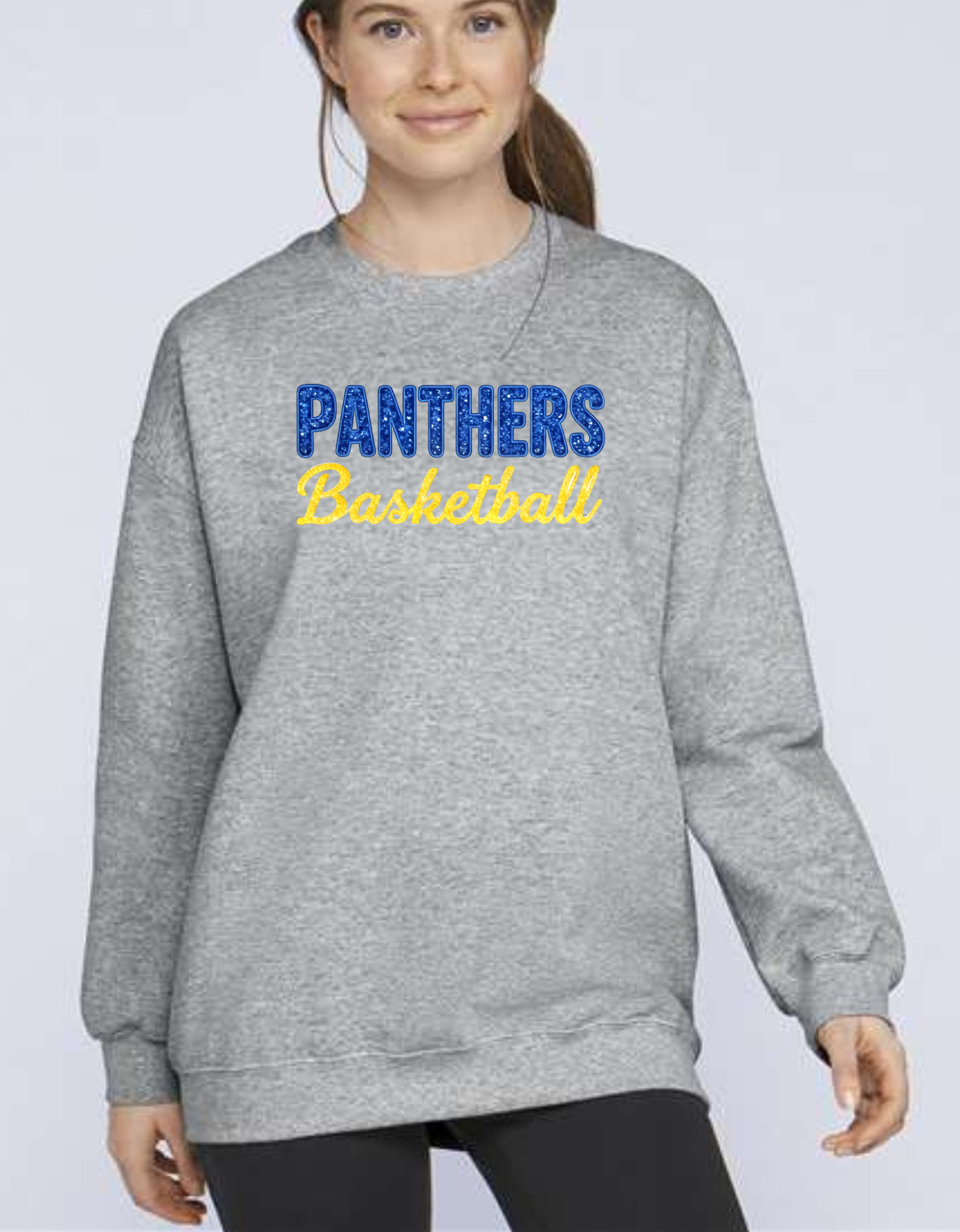 Panthers Basketball Faux Sequin Glitter Design Crewneck Cozy Soft Sweatshirt Sizes S-3XL, Includes Name and Number on Back