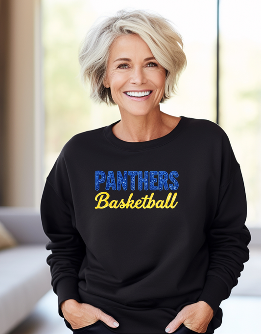 Panthers Basketball Faux Sequin Glitter Design Crewneck Cozy Soft Sweatshirt Sizes S-3XL, Includes Name and Number on Back