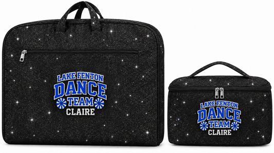2 Pcs Glitter Personalized Lake Fenton Dance Uniform Garment Set Hanging Dance Bag with Makeup Bag