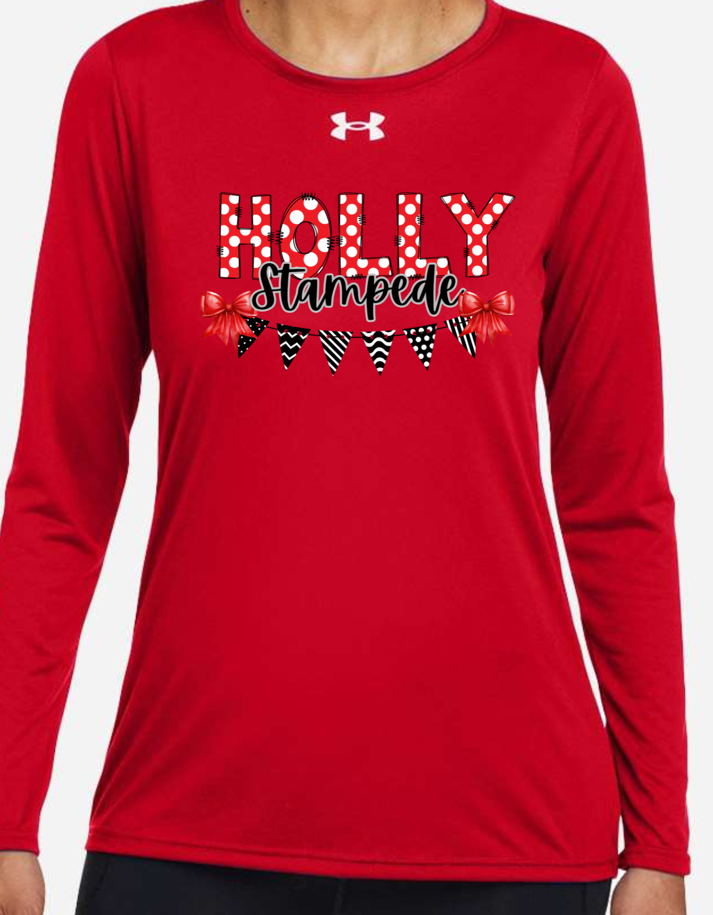 Women's Under Armour Flag & Bows Holly Football, Bronchos, Elementary, Wrestling, Cheer, Stampede Long Sleeve Performance Shirt