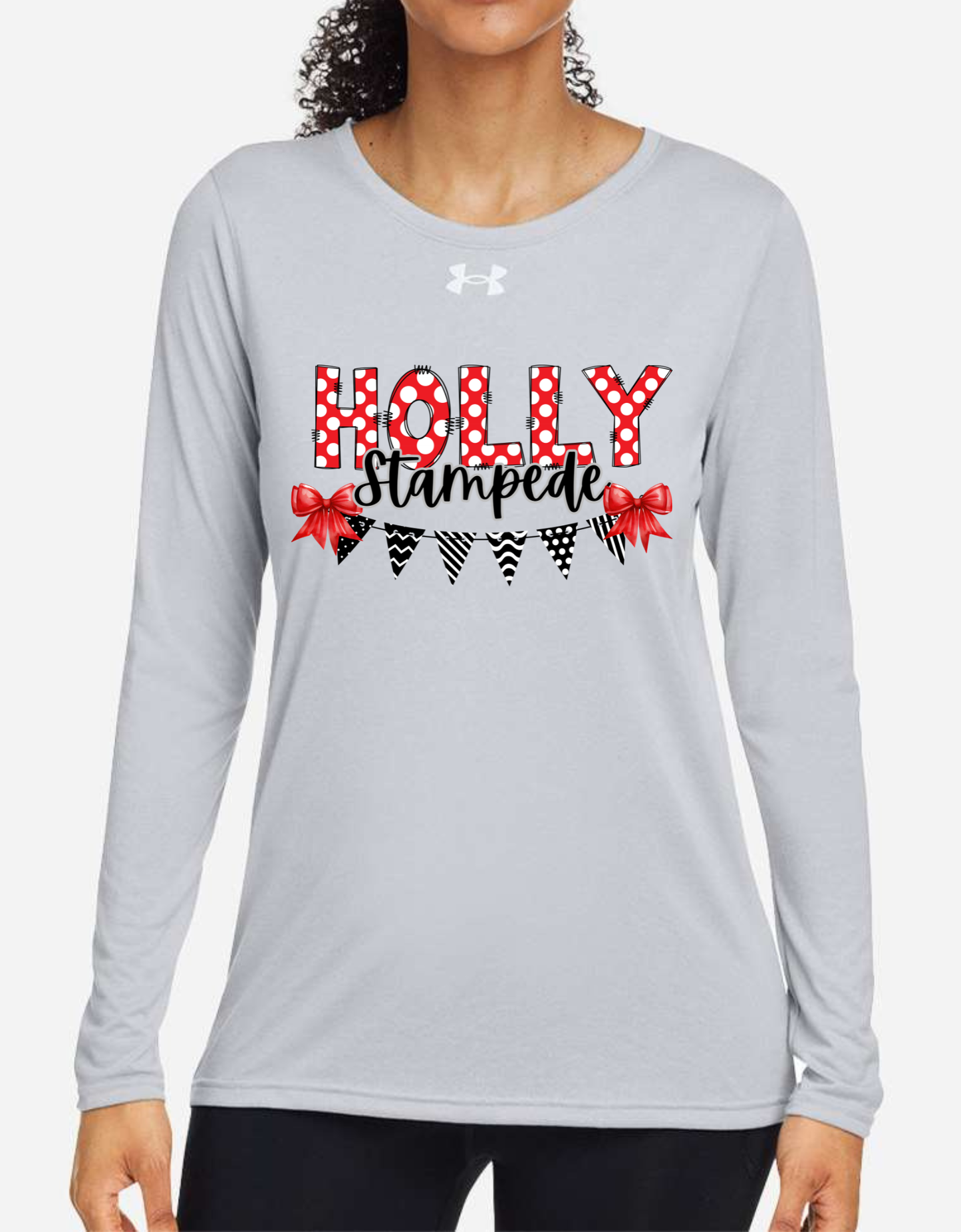 Women's Under Armour Flag & Bows Holly Football, Bronchos, Elementary, Wrestling, Cheer, Stampede Long Sleeve Performance Shirt