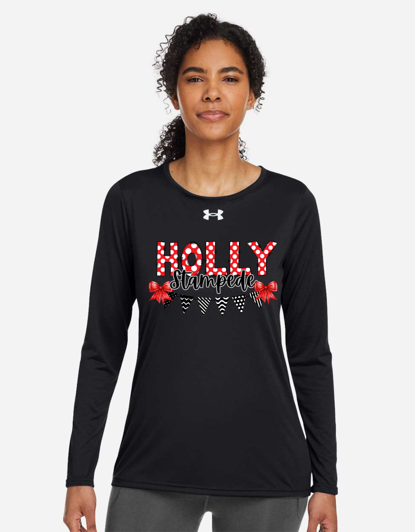 Women's Under Armour Flag & Bows Holly Football, Bronchos, Elementary, Wrestling, Cheer, Stampede Long Sleeve Performance Shirt