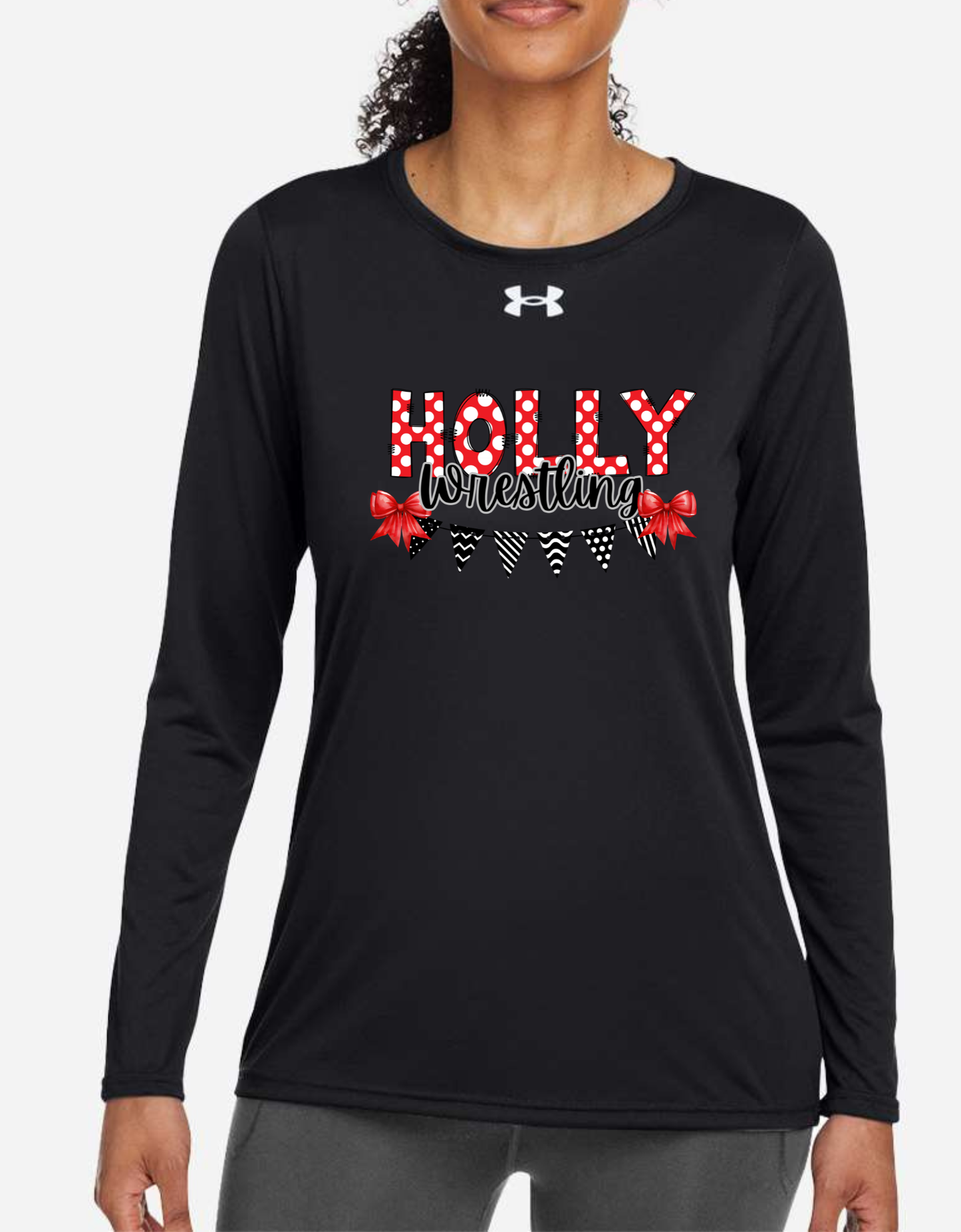 Women's Under Armour Flag & Bows Holly Football, Bronchos, Elementary, Wrestling, Cheer, Stampede Long Sleeve Performance Shirt