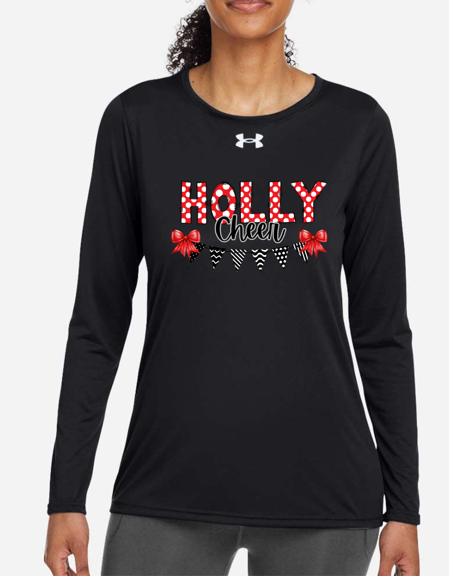 Women's Under Armour Flag & Bows Holly Football, Bronchos, Elementary, Wrestling, Cheer, Stampede Long Sleeve Performance Shirt