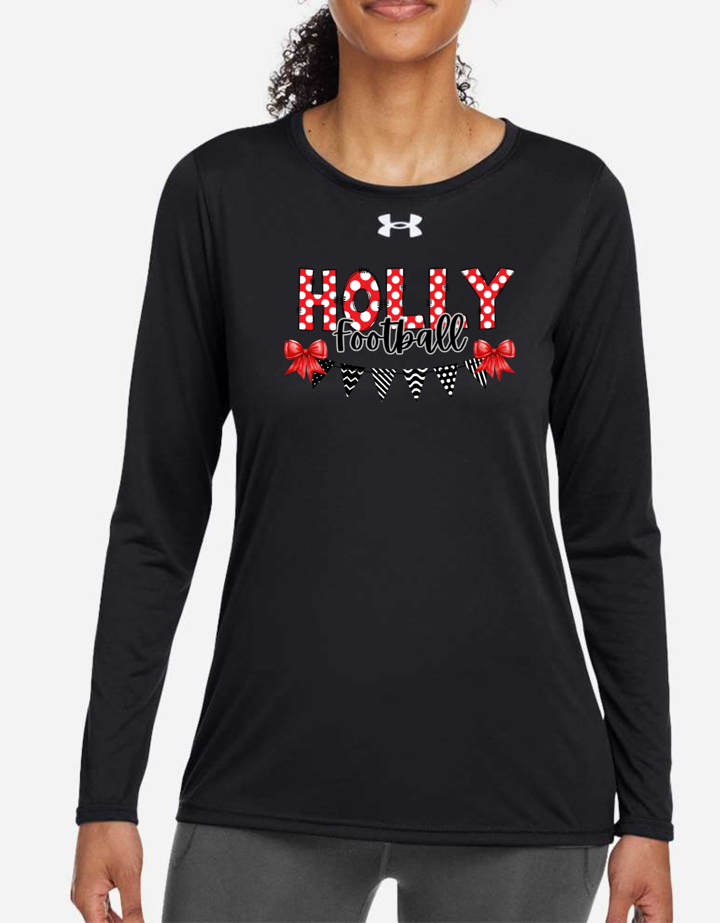 Women's Under Armour Flag & Bows Holly Football, Bronchos, Elementary, Wrestling, Cheer, Stampede Long Sleeve Performance Shirt