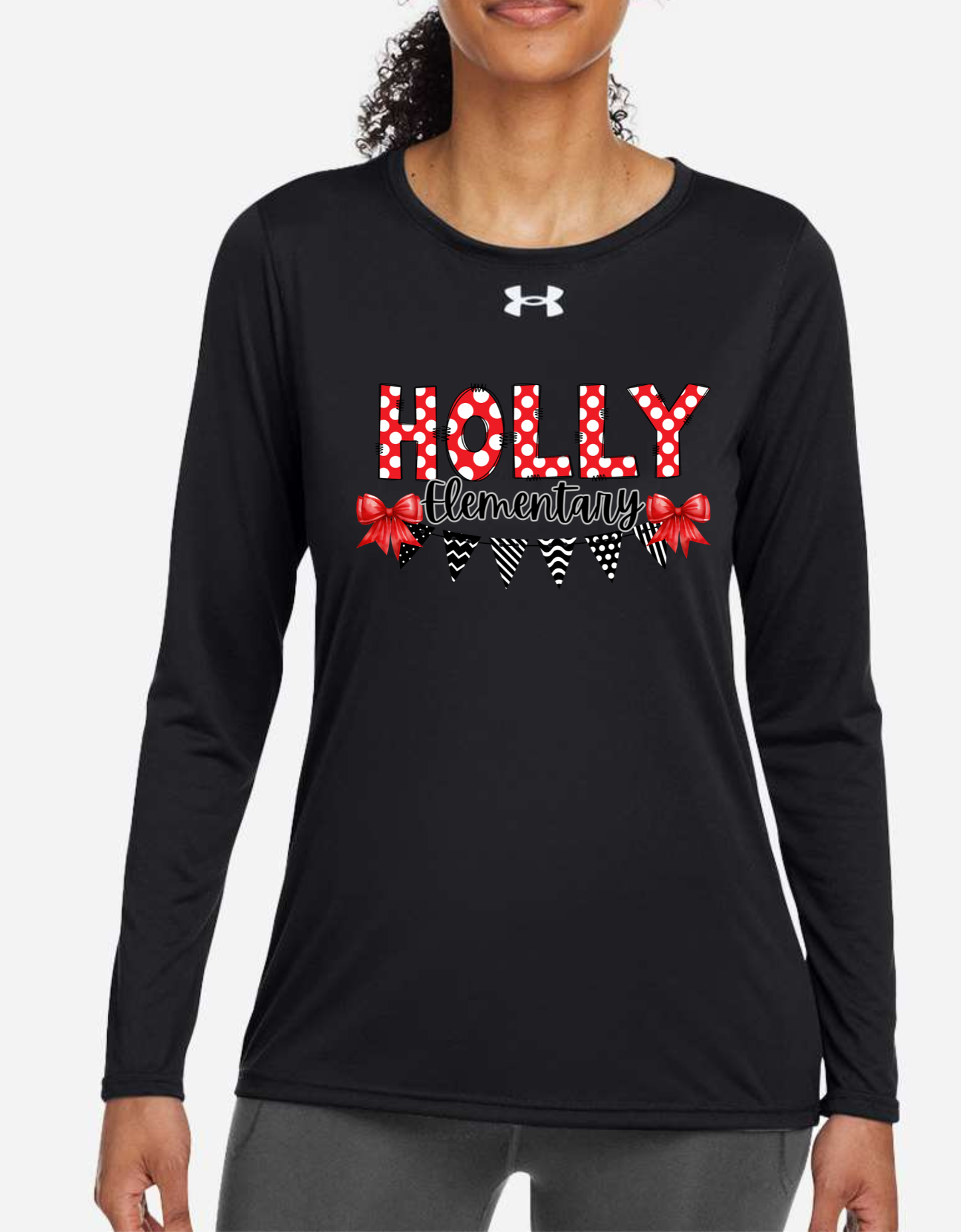 Women's Under Armour Flag & Bows Holly Football, Bronchos, Elementary, Wrestling, Cheer, Stampede Long Sleeve Performance Shirt