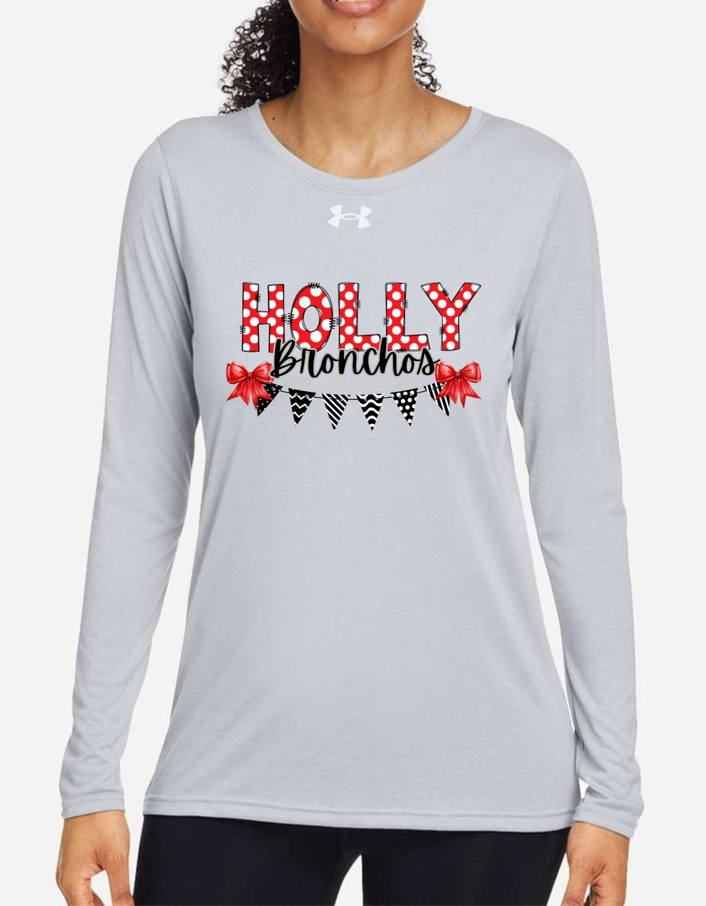 Women's Under Armour Flag & Bows Holly Football, Bronchos, Elementary, Wrestling, Cheer, Stampede Long Sleeve Performance Shirt