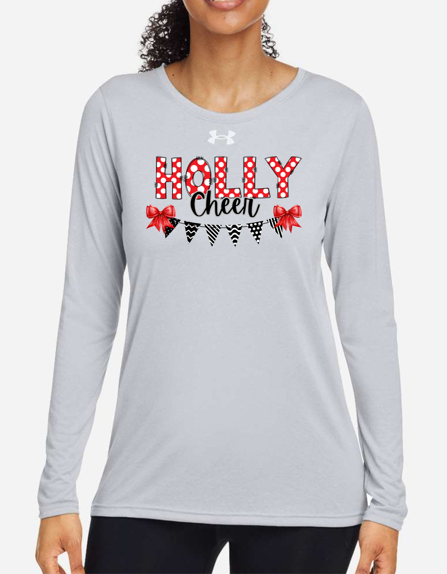 Women's Under Armour Flag & Bows Holly Football, Bronchos, Elementary, Wrestling, Cheer, Stampede Long Sleeve Performance Shirt