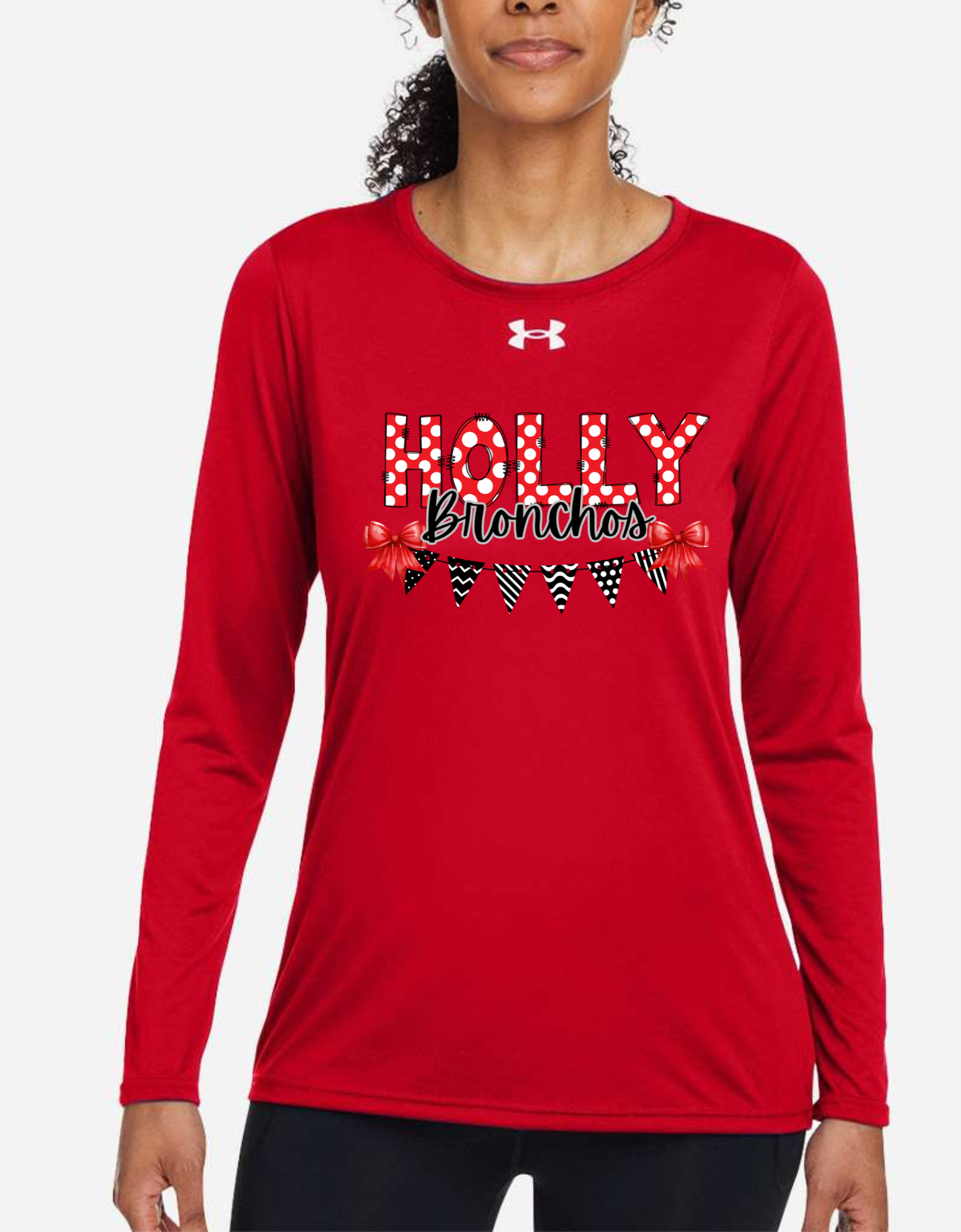 Women's Under Armour Flag & Bows Holly Football, Bronchos, Elementary, Wrestling, Cheer, Stampede Long Sleeve Performance Shirt