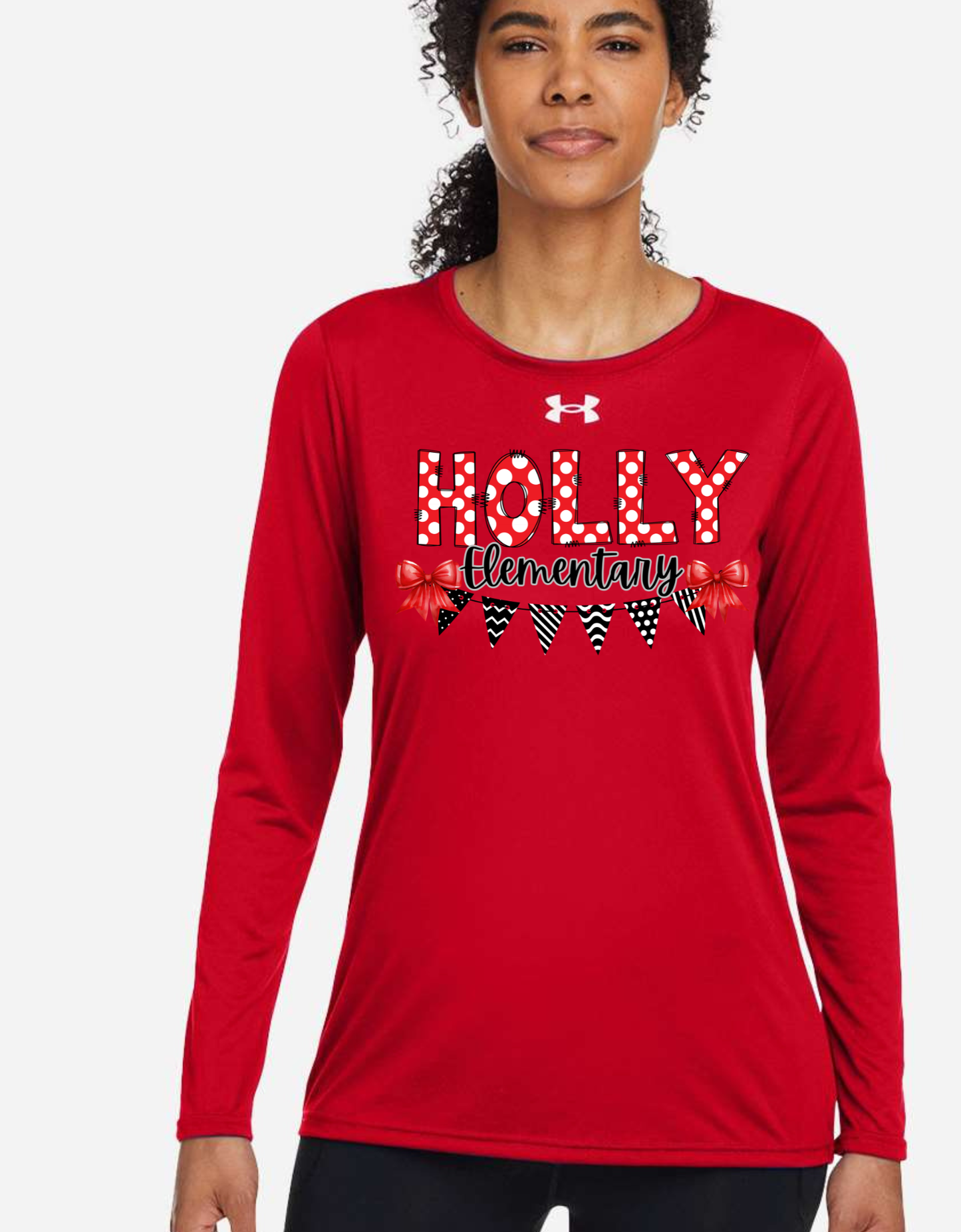 Women's Under Armour Flag & Bows Holly Football, Bronchos, Elementary, Wrestling, Cheer, Stampede Long Sleeve Performance Shirt