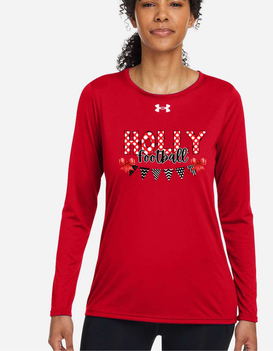Women's Under Armour Flag & Bows Holly Football, Bronchos, Elementary, Wrestling, Cheer, Stampede Long Sleeve Performance Shirt