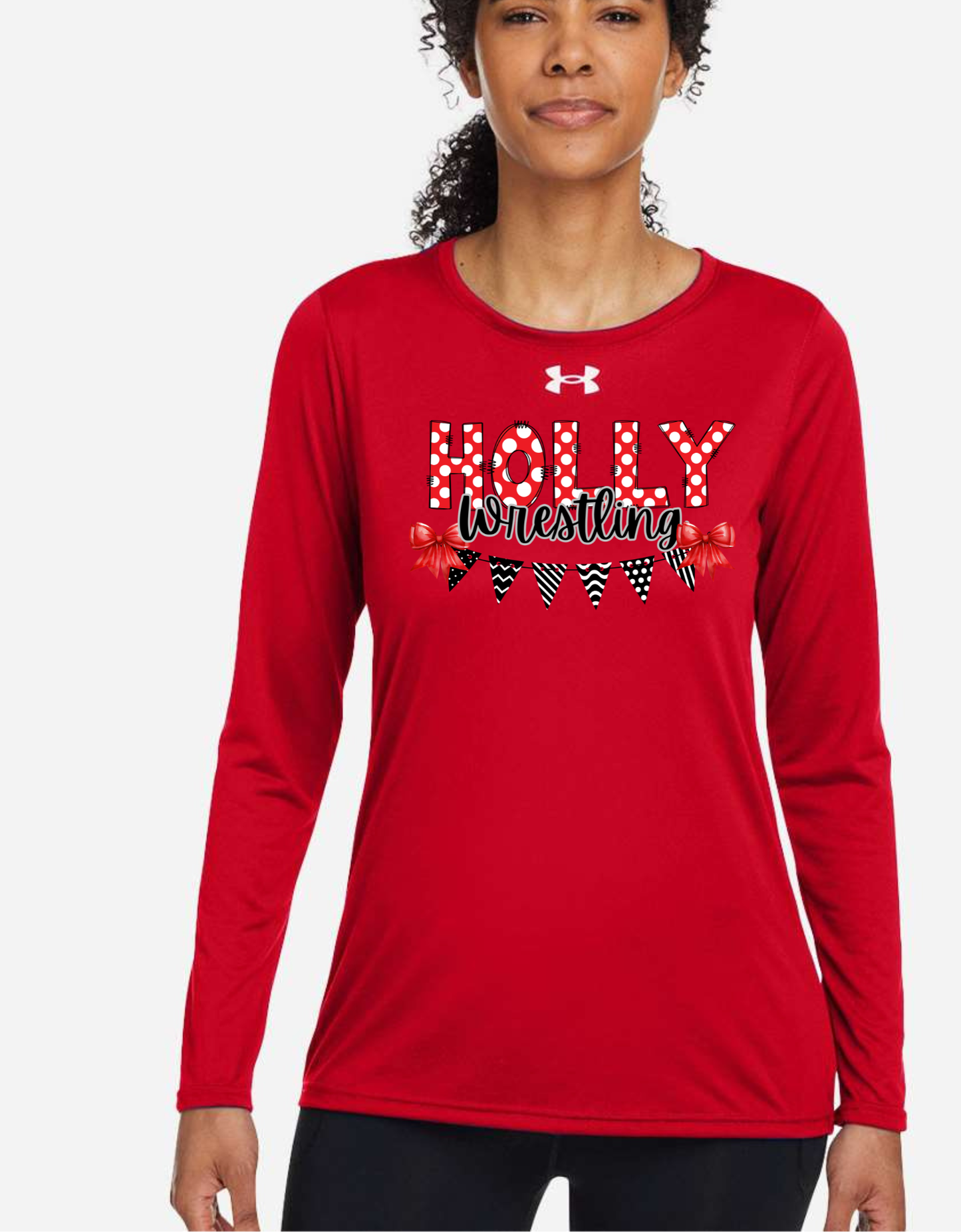 Women's Under Armour Flag & Bows Holly Football, Bronchos, Elementary, Wrestling, Cheer, Stampede Long Sleeve Performance Shirt