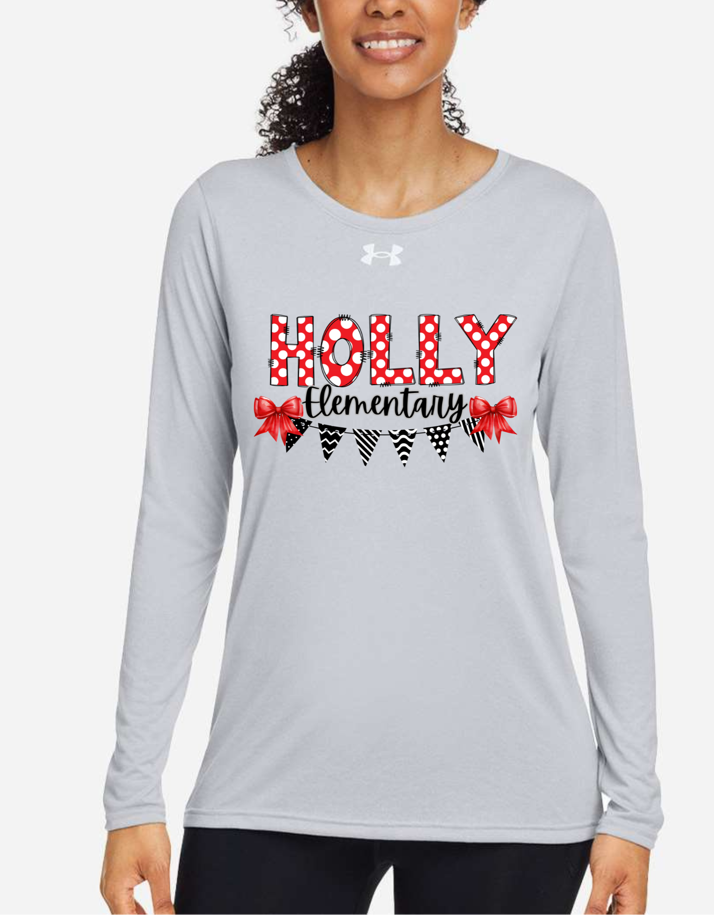 Women's Under Armour Flag & Bows Holly Football, Bronchos, Elementary, Wrestling, Cheer, Stampede Long Sleeve Performance Shirt