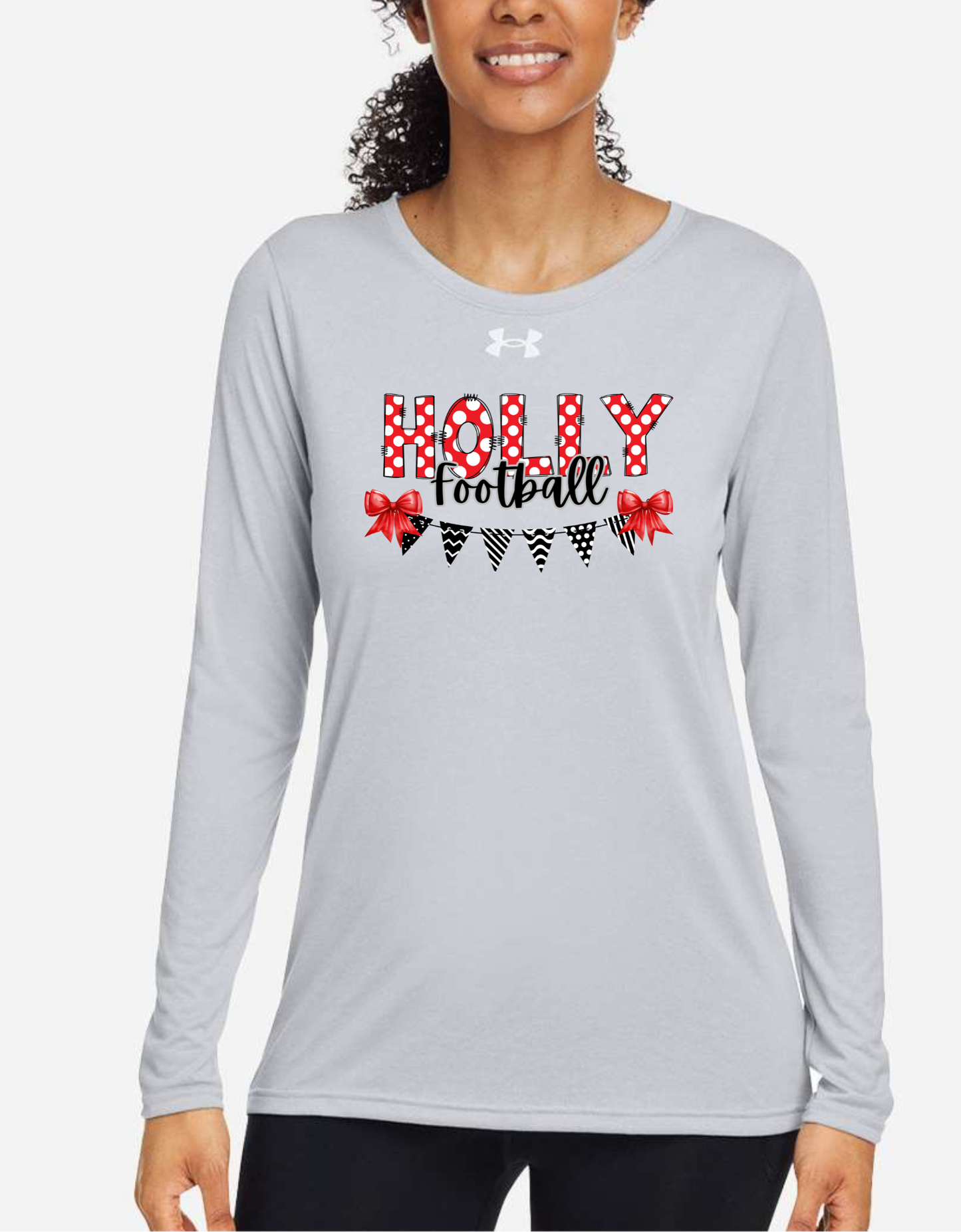 Women's Under Armour Flag & Bows Holly Football, Bronchos, Elementary, Wrestling, Cheer, Stampede Long Sleeve Performance Shirt