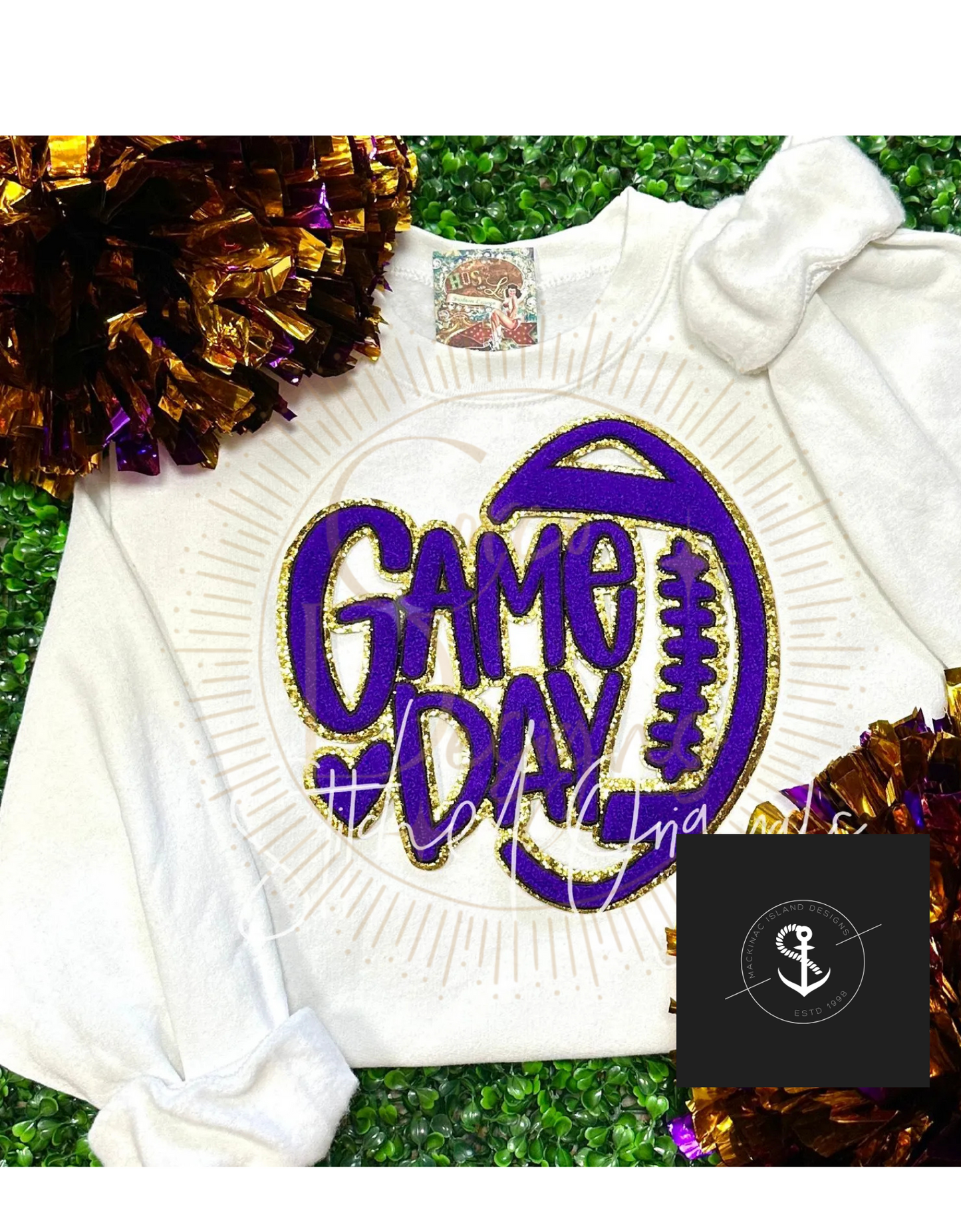 Purple Football Game Day Chenille Patch Crewneck Sweatshirt Sizes Unisex S-3XL