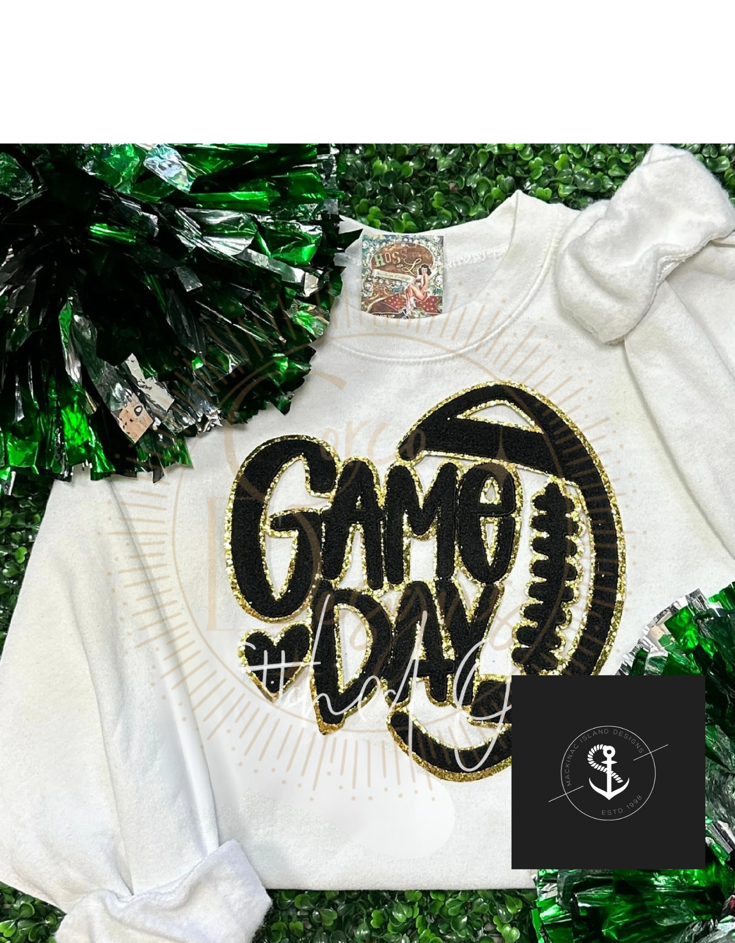 Black Football Game Day Chenille Patch Crewneck Sweatshirt Sizes Unisex S-3XL