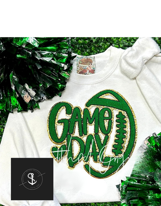 Green Football Game Day Chenille Patch Crewneck Sweatshirt Sizes Unisex S-3XL