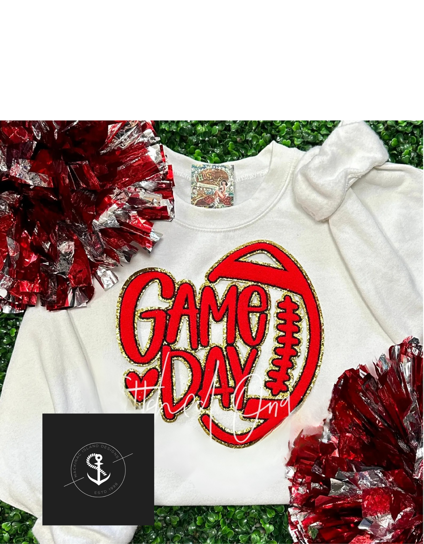 Red Football Game Day Chenille Patch Crewneck Sweatshirt Sizes Unisex S-3XL