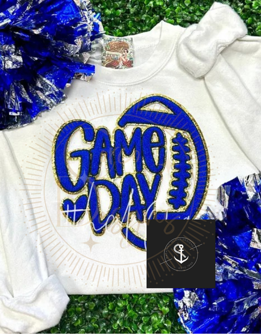 Royal Blue Football Game Day Chenille Patch Crewneck Sweatshirt Sizes Unisex S-3XL