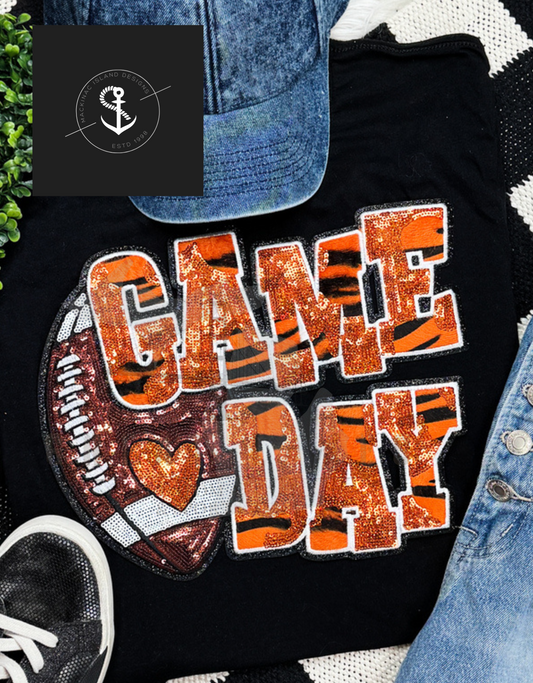 Orange Football Tiger Stripe & Sequins Patch Crewneck Sweatshirt Sizes Unisex S-3XL