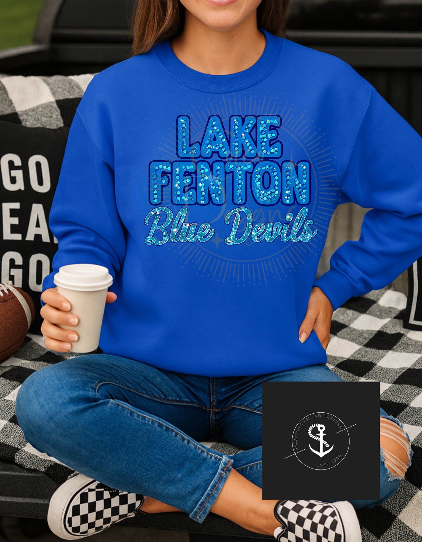 Champion Lake Fenton Blue Devils Crewneck Sweatshirt Glitter Faux Sequin Adult Sizes Small - XL 32.00 2x 3x 36.00