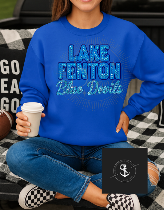 Champion Lake Fenton Blue Devils Crewneck Sweatshirt Glitter Faux Sequin Adult Sizes Small - XL 32.00 2x 3x 36.00