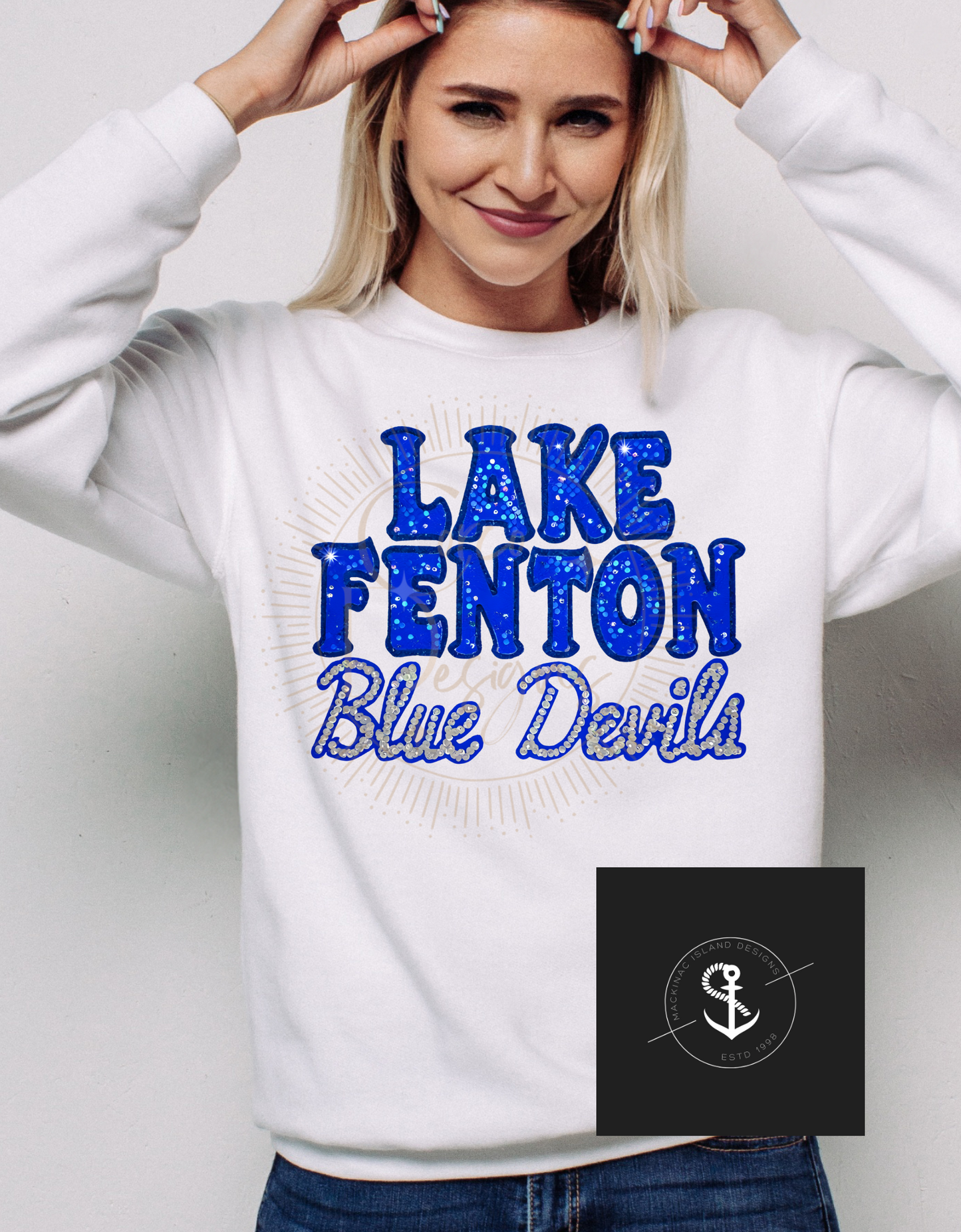 Champion Lake Fenton Blue Devils Crewneck Sweatshirt Glitter Faux Sequin Adult Sizes Small - XL 32.00 2x 3x 36.00